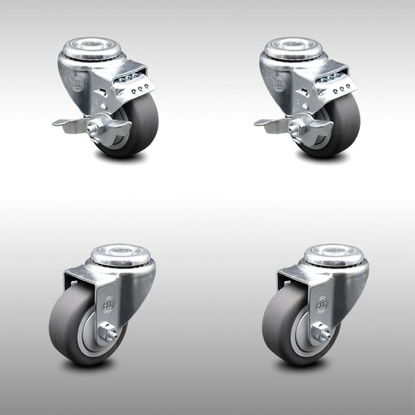 3.5 Inch SS Thermoplastic Rubber Wheel Swivel Bolt Hole Caster Set with 2 Brake